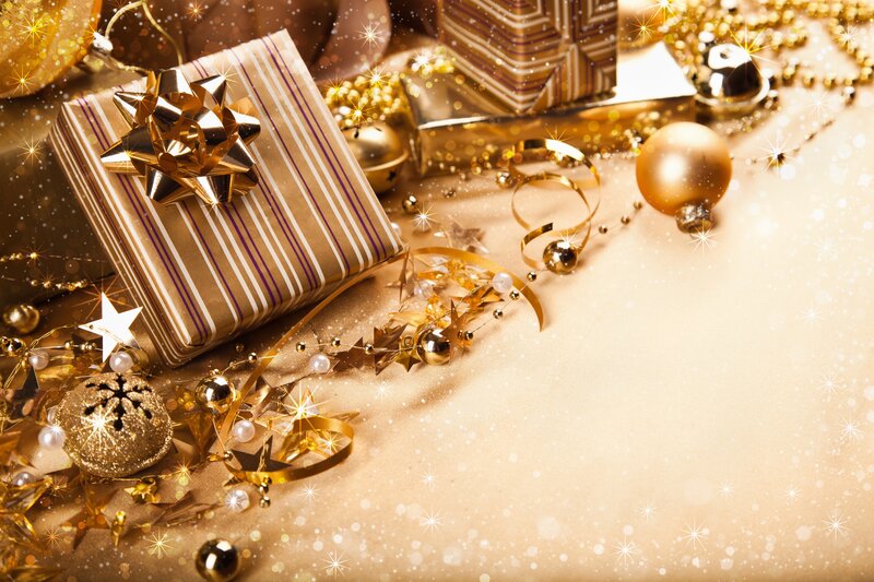 Gift Box with Ornaments — Gold, Festive, Winter, Photograph, Ribbons