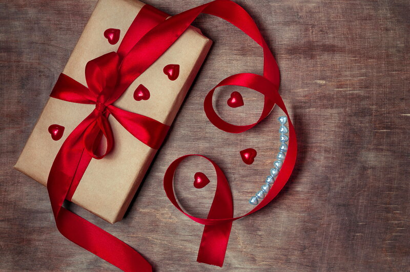 Gift Box with Red Ribbon — Brown, Romantic