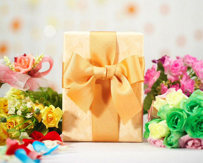 Gift Box with Ribbon — Gold, Festive, Photograph