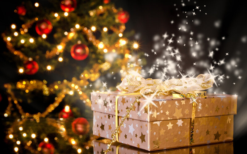 Gift Box with Ribbon — Gold, Festive, Winter, Photograph