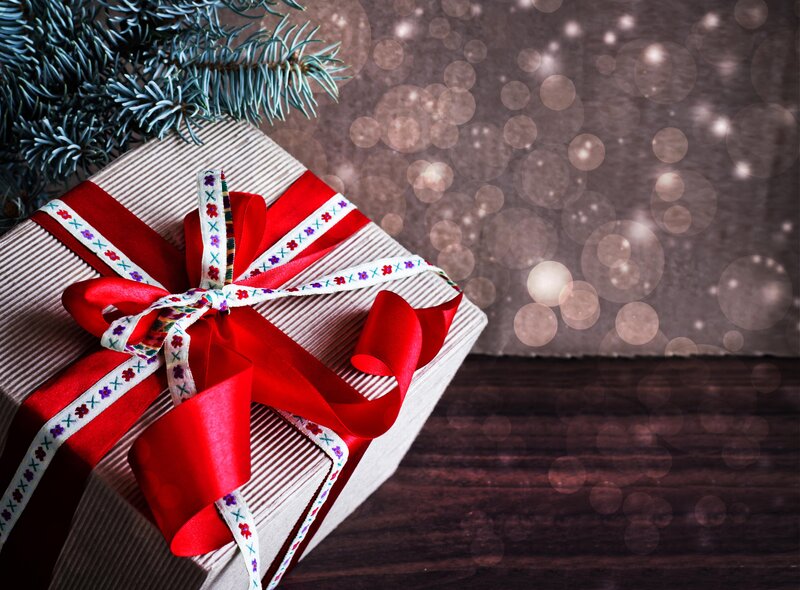 Gift Box with Ribbon — Red, Festive, Winter, Photograph, Pine Branch