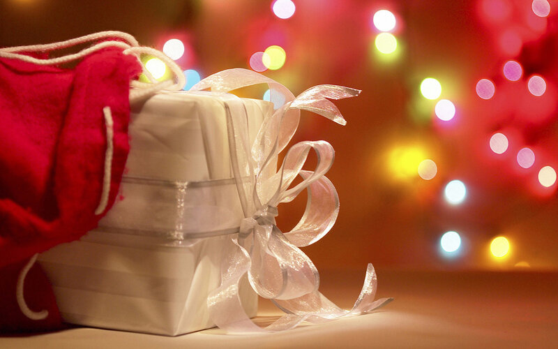 Gift Box with Ribbon — White, Festive, Night, Photograph