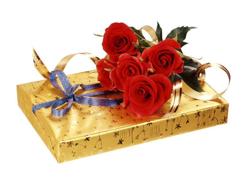 Gift Box with Roses — Gold, Festive, Photograph