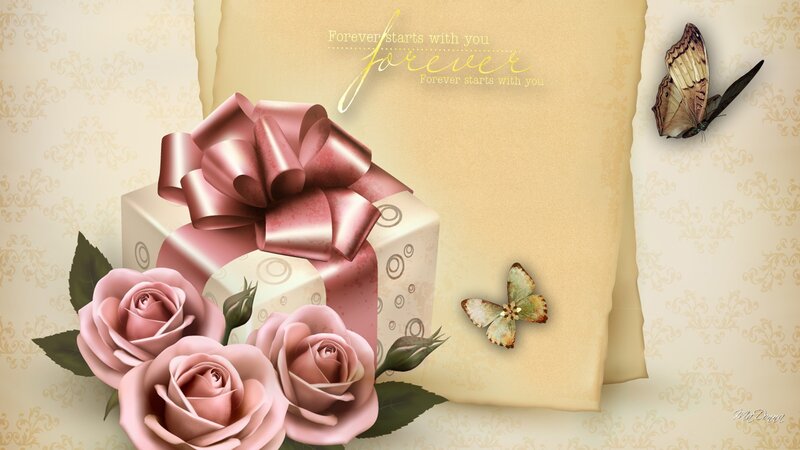 Gift Box with Roses — Pink, Romantic, Digital Art