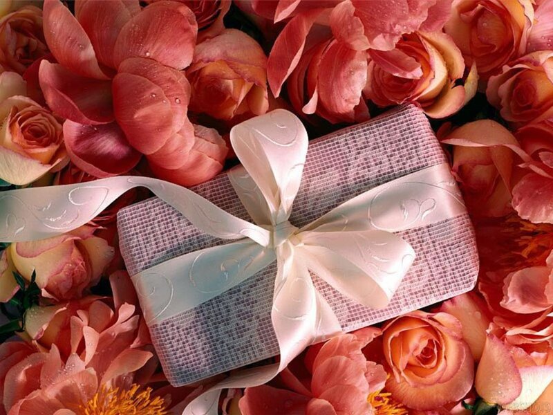 Gift Box with Roses — Pink, Romantic, Photograph, Ribbon, Wrapping Paper, White