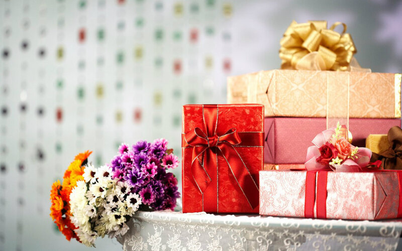 Gift Boxes and Flowers — Red, Festive, Photograph, Bow