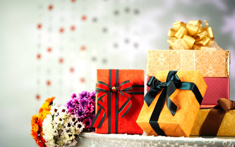 Gift Boxes and Flowers — Red, Festive, Photograph