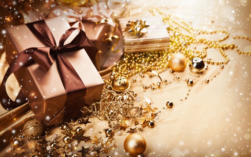 Gift Boxes and Ornaments — Gold, Festive