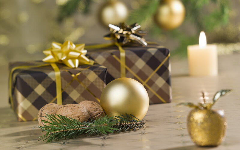 Gift Boxes and Ornaments — Gold, Festive, Winter, Photograph