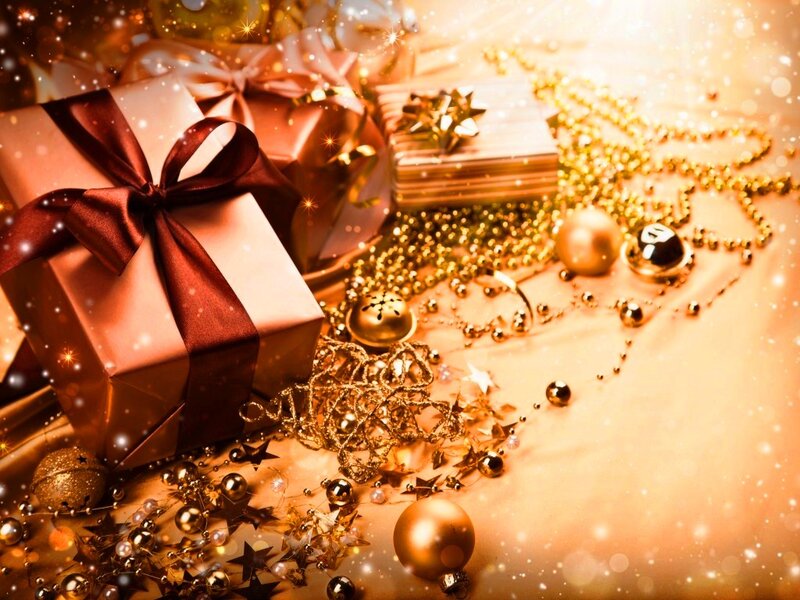 Gift Boxes and Ornaments — Gold, Festive, Winter