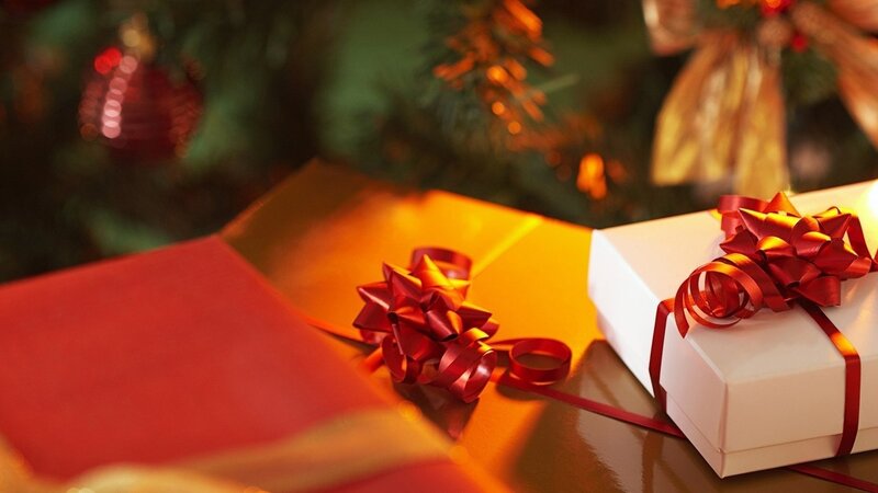 Gift Boxes Near Tree — Red, Festive, Night, Photograph