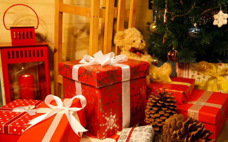 Gift Boxes Near Tree — Red, Festive