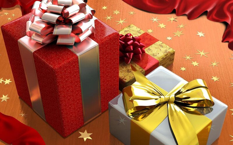 Gift Boxes with Bows — Red, Festive, 3d Render, Stars, Fabric, Gold