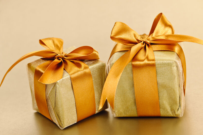 Gift Boxes with Ribbons — Gold, Festive, Photograph