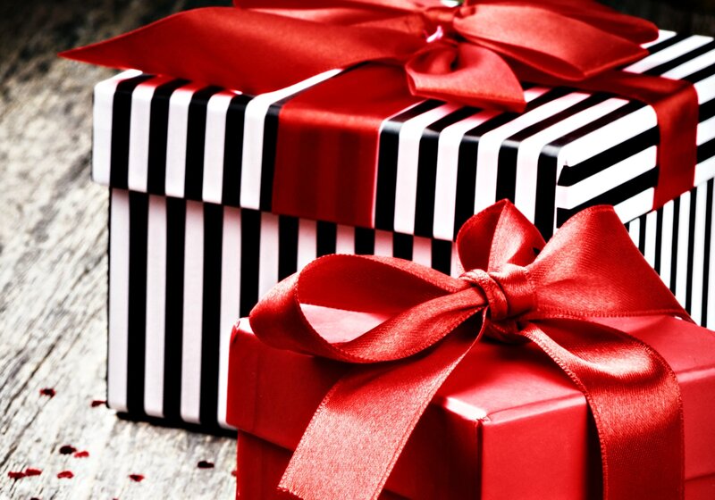 Gift Boxes with Ribbons — Red, Festive, Photograph, Wooden Surface