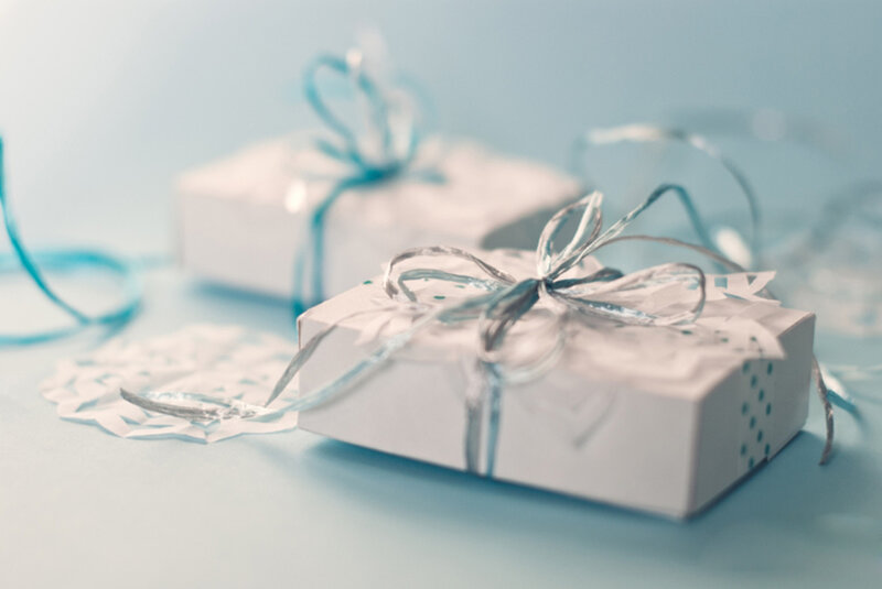 Gift Boxes with Ribbons — White, Calm, Photograph, Paper Doilies