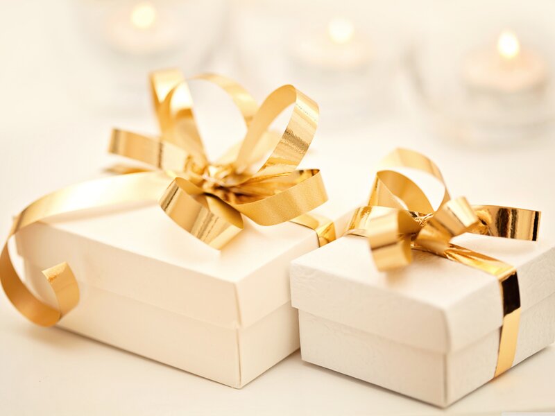 Gift Boxes with Ribbons — White, Festive, Photograph