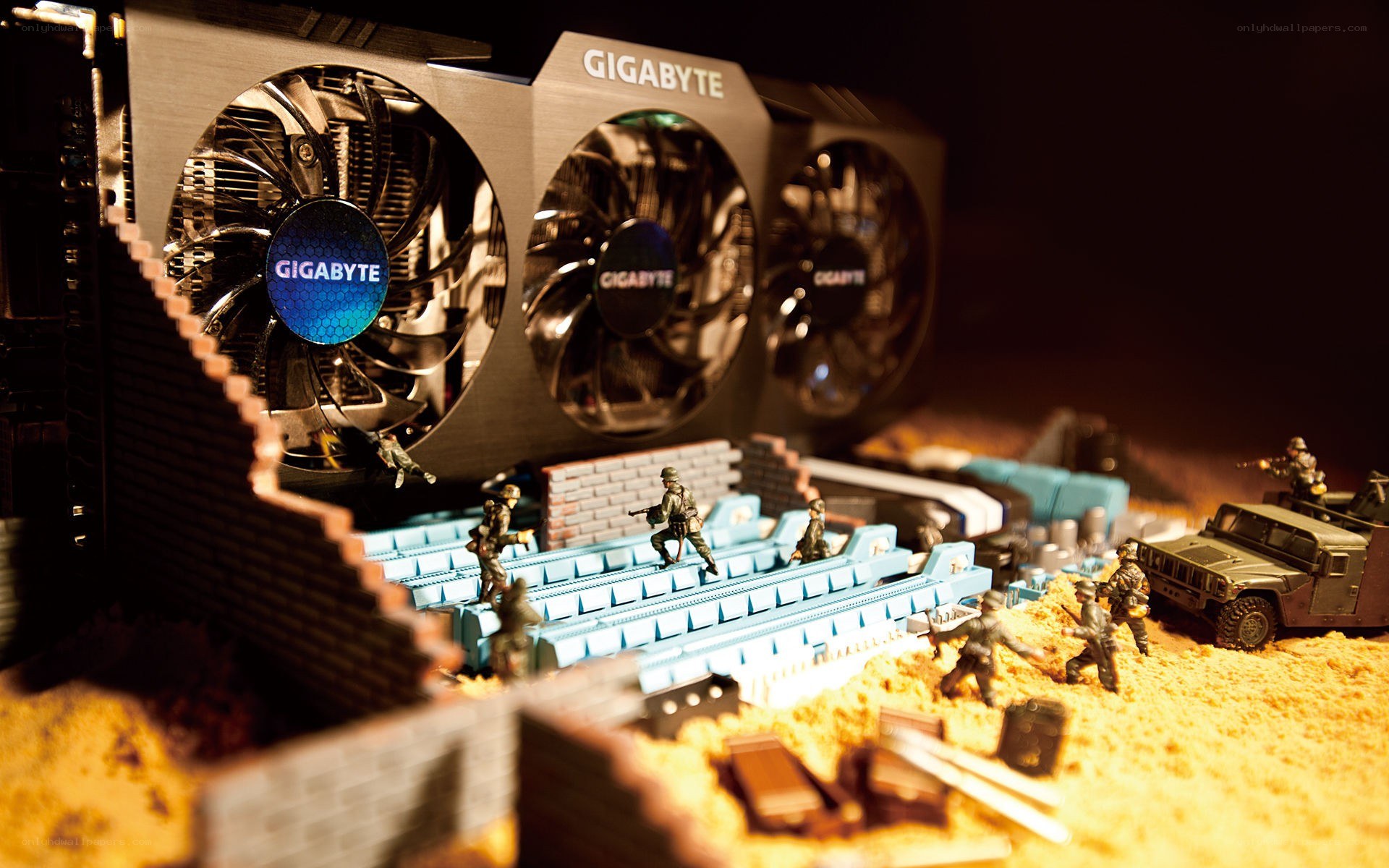 Gigabyte GPU with toy soldiers