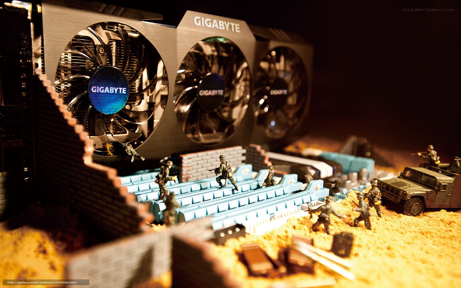 Gigabyte graphics card with toy soldiers
