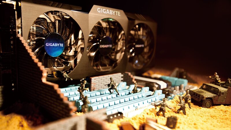 Gigabyte graphics card with toy soldiers