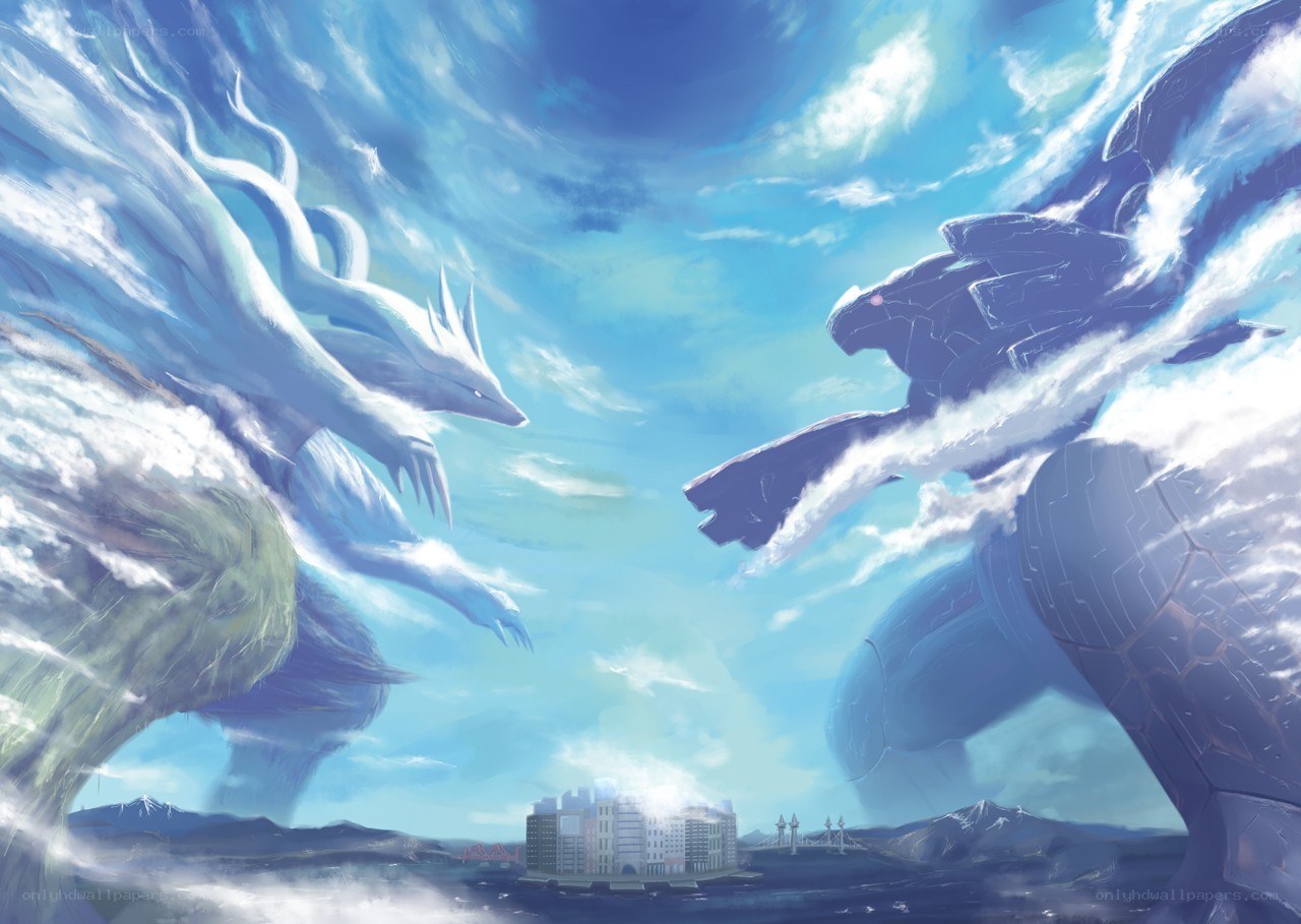 Gigantic creatures clash over a city