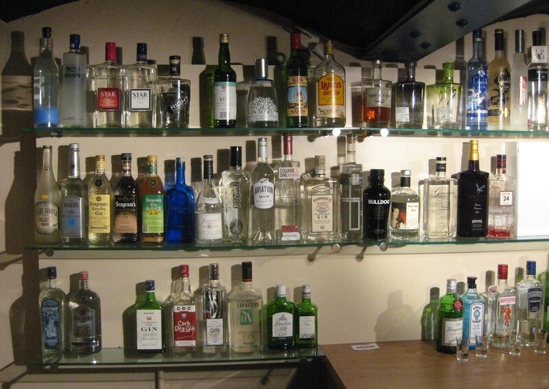 gin bottles on shelves