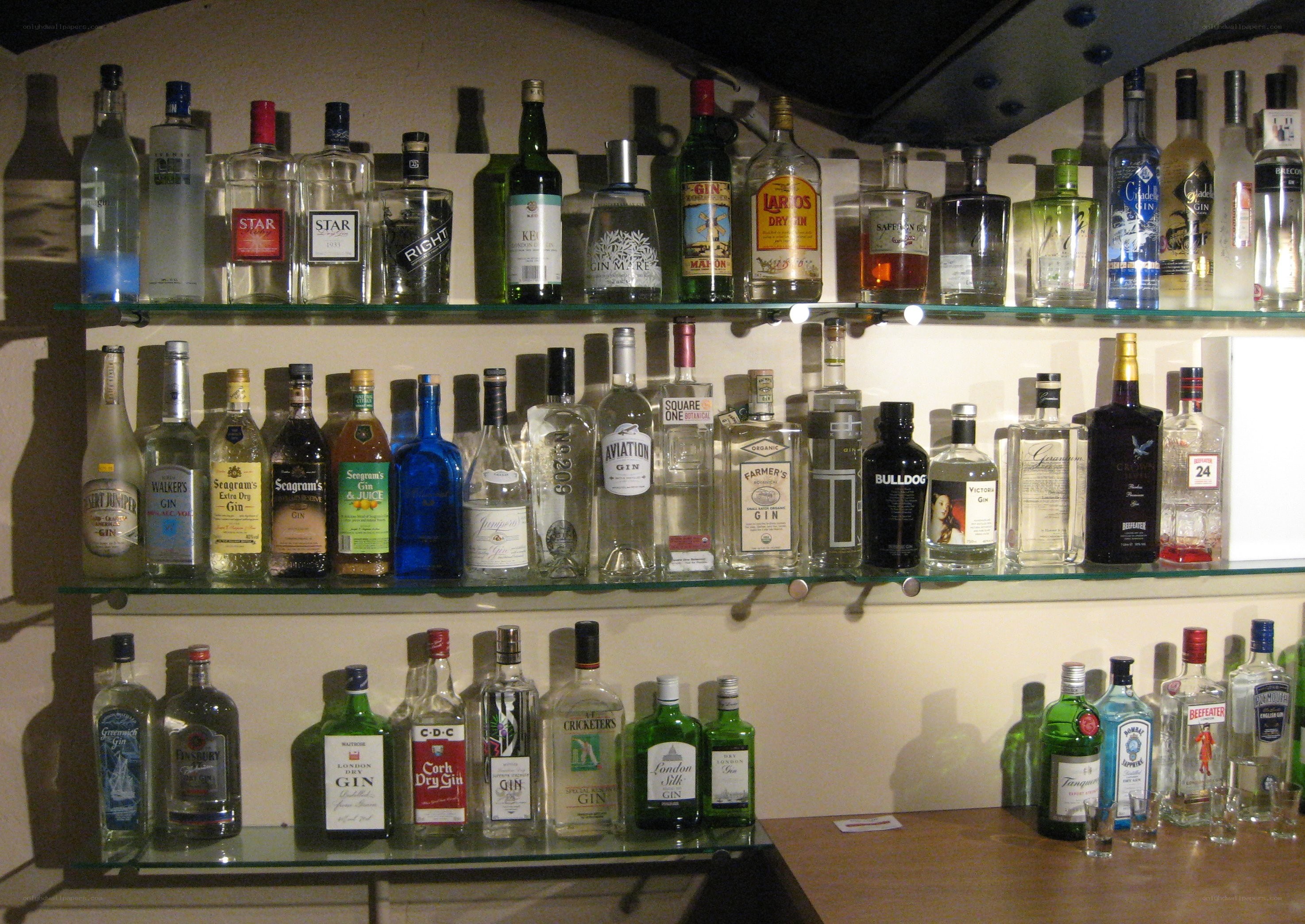 gin bottles on shelves