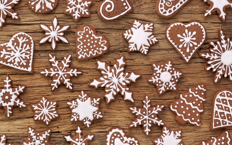 Gingerbread Cookies on Wood — Brown, Festive, Winter, Photograph, Snowflakes