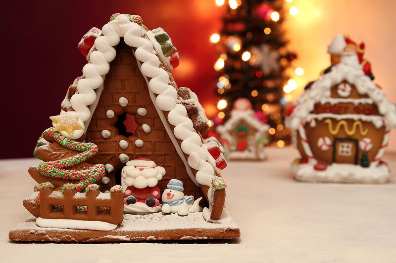 Gingerbread House Display — Brown, Festive, Winter, Photograph, Santa Claus