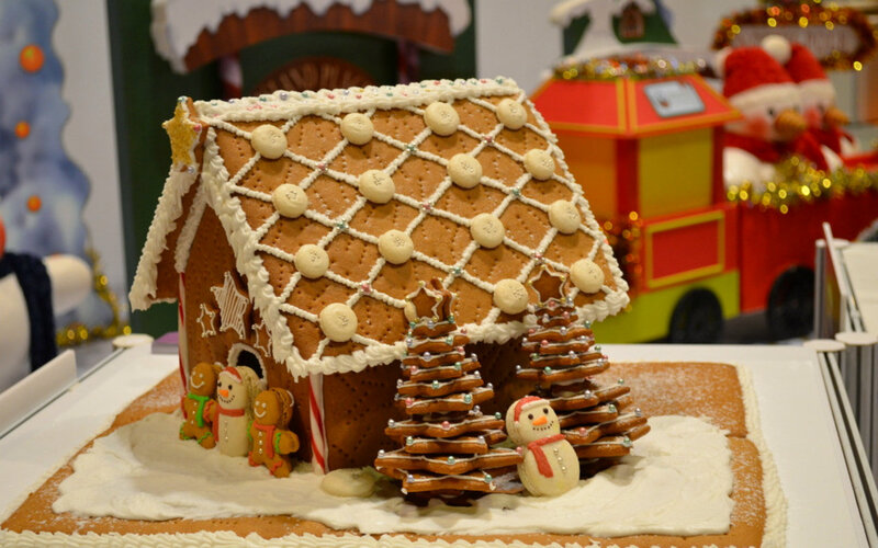 Gingerbread House Display — Brown, Festive, Winter, Photograph, Snowman