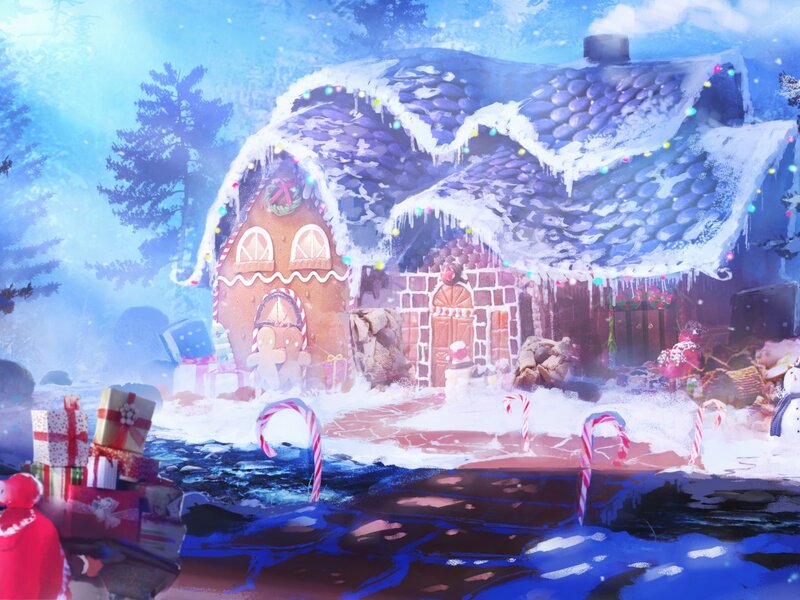 Gingerbread House in Snow — Blue, Festive