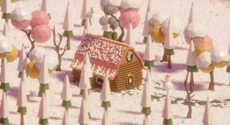 Gingerbread House in Snow — Pink, Serene
