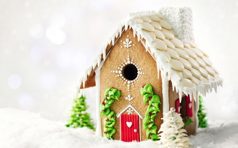 Gingerbread House in Snow — White, Festive