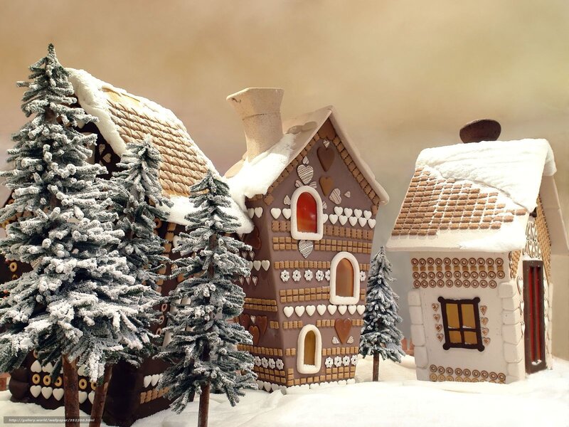 Gingerbread houses in snow