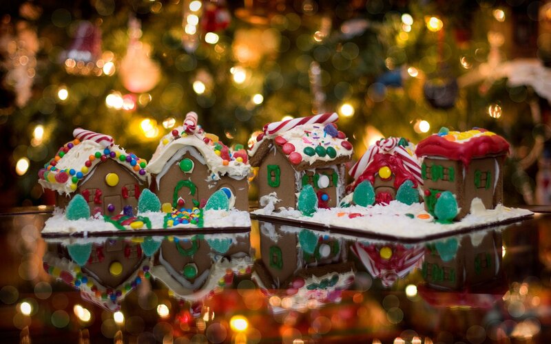 Gingerbread Houses on Table — Brown, Festive, Winter