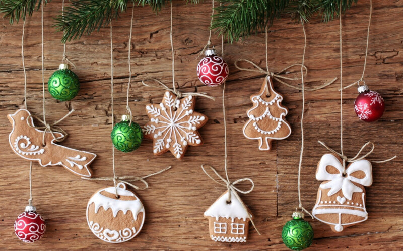 Gingerbread Ornaments — Brown, Festive, Winter, Photograph, Pine Branches