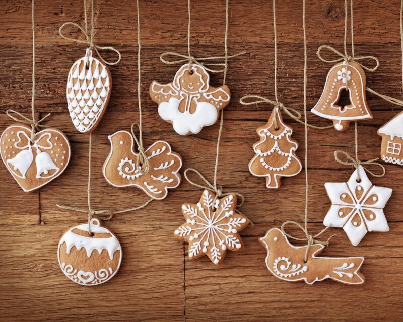 Gingerbread Ornaments — Brown, Festive, Winter, Photograph, String, Wooden Surface