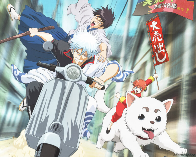 Gintama characters on a scooter