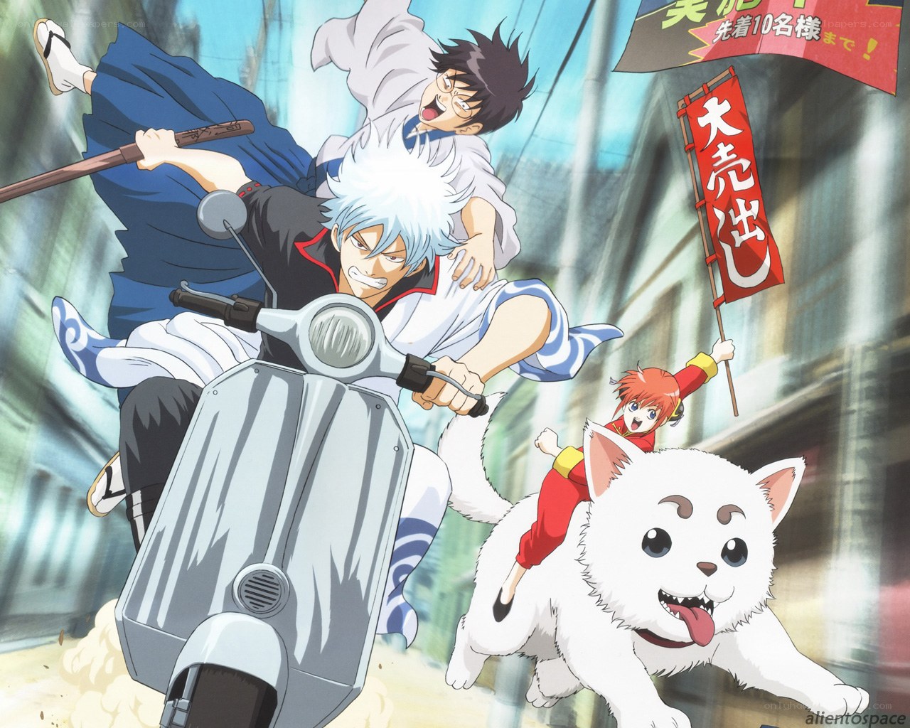 Gintama characters on a scooter