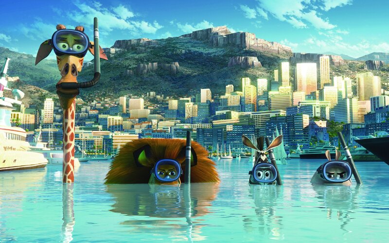Giraffe and Animals in Water — Blue