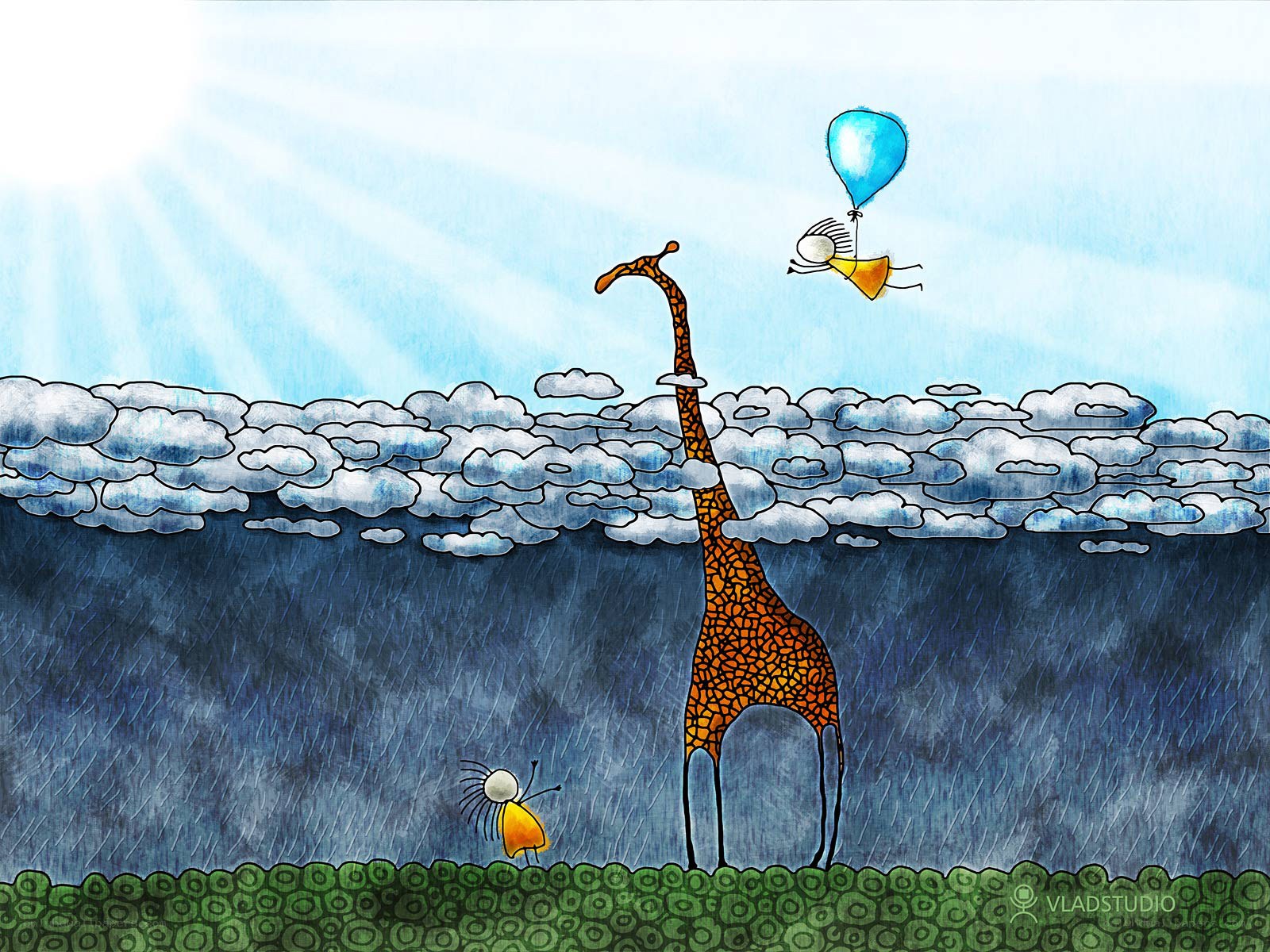 Giraffe and balloon in storm
