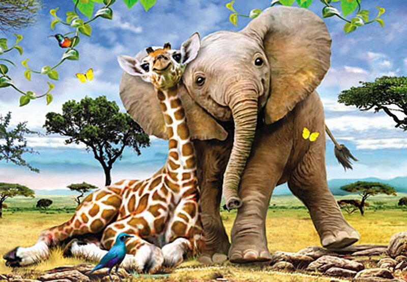 Giraffe and Elephant — Green