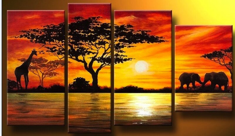 Giraffe and Elephants at Sunset
