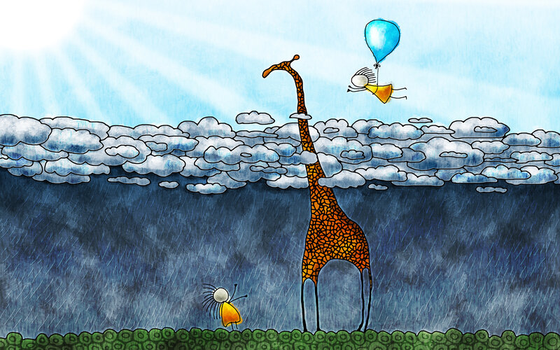 Giraffe and flying child