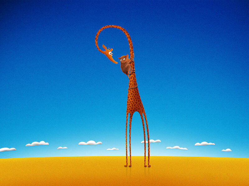 giraffe and monkey in desert