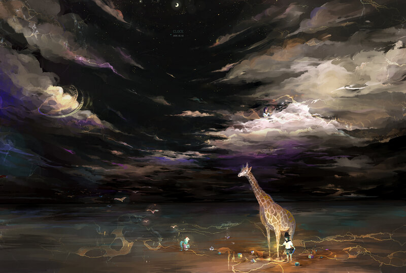Giraffe on a stormy beach