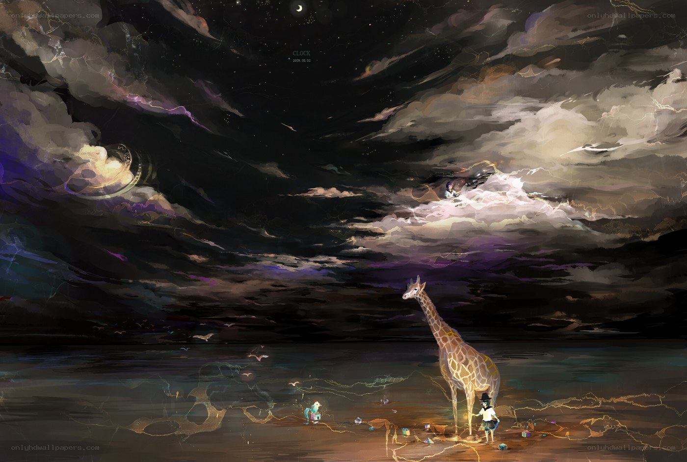 Giraffe on a stormy beach