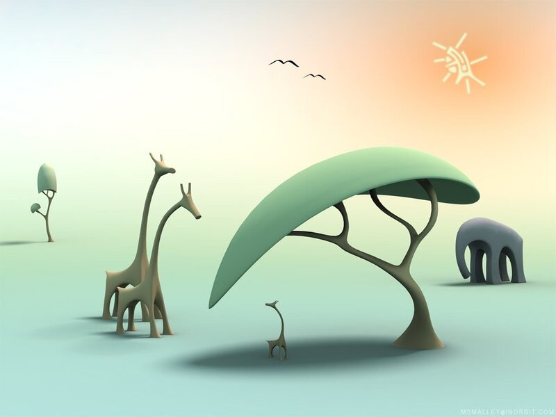 Giraffes and Elephant — Green, Serene
