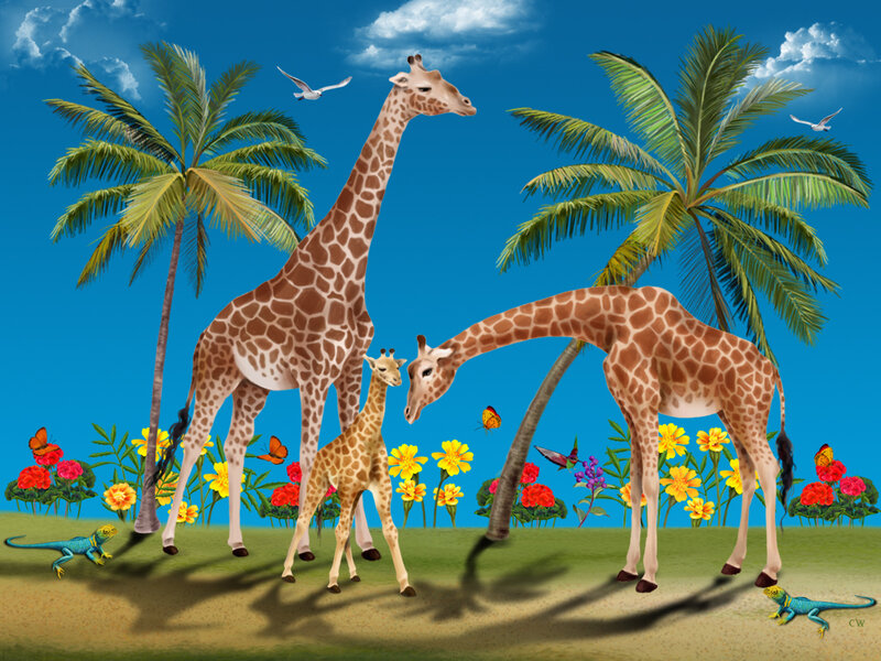Giraffes in a tropical garden
