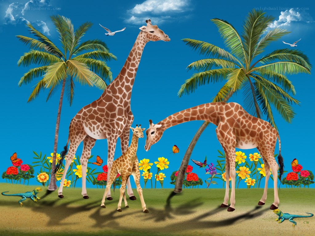 Giraffes in a tropical garden